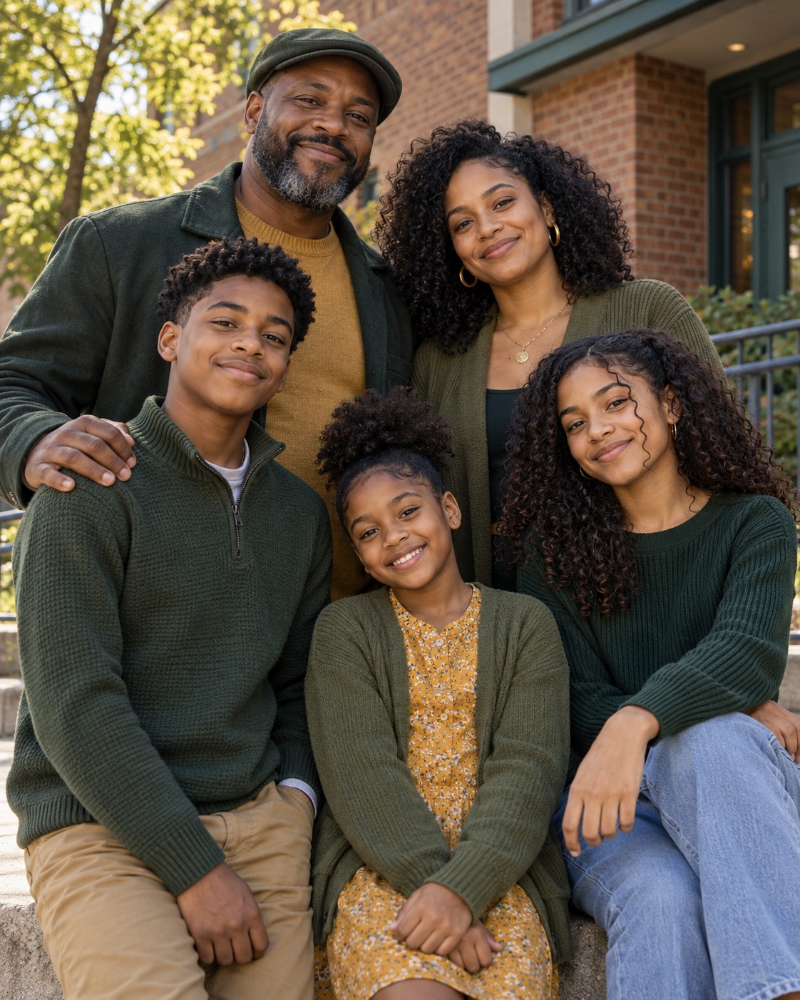 Illustrative scene of a fictional family together outside a community building