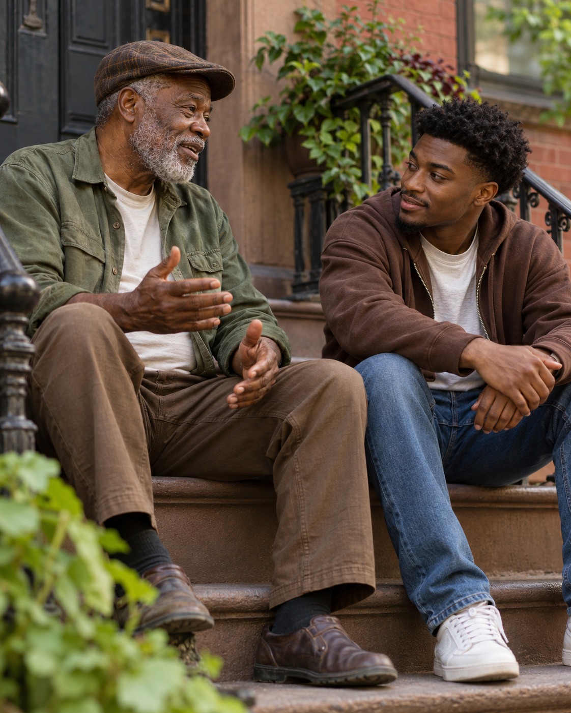 Illustrative scene of fictional older and younger adults sharing a conversation